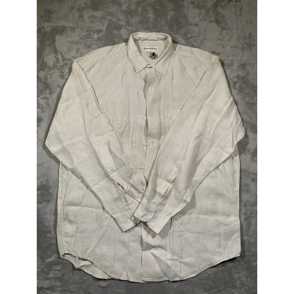 Vintage 90s Banana Republic Irish Linen Oxford Shirt Size L Grey EUC